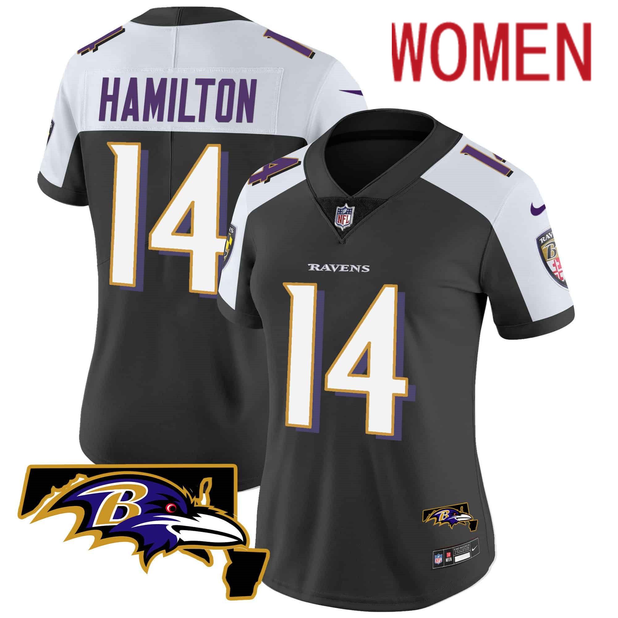 Women Baltimore Ravens #14 Hamilton Black 2024 Nike Maryland Patch Vapor Limited NFL Jersey->customized nfl jersey->Custom Jersey